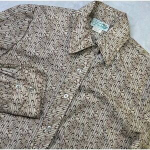 Vintage 60s Prestige of Boston Tan Floral Prints Disco Button Up Womens 12P